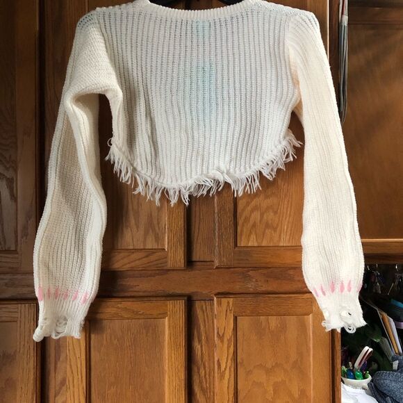 NWT Y2K School Girl Knit Embroidered Slogan Thrashed Crop Sweater - M - Picture 9 of 11